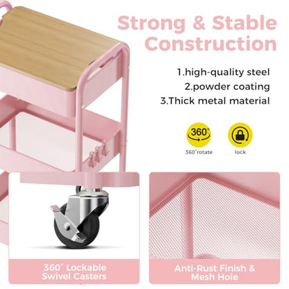3 Tier Rolling Cart with Table top, Metal Rolling Utility Cart, Sturdy Storage Organizer Cart with Locking Wheels & Hooks for Office, Classroom, Kitchen and Bathroom，Pink - color: Pink