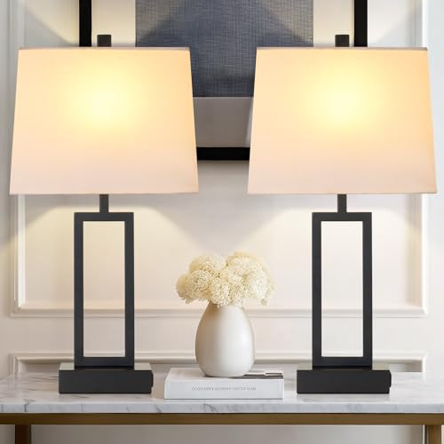 Touch Control Table Lamps with 2 USB Charging Ports & AC Outlets, 23" Tall Modern Nightstand Bedside Lamp for Bedroom, 3-Way Dimmable Metal Table Lamp with Fabric White Shade for Living Room End Table - color: White