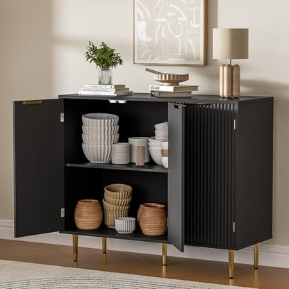 Housoul Fluted Sideboard Buffet Cabinet with 3 Doors, Black | Kitchen Storage Cabinet with Adjustable Shelves & Golden Handles, Modern Accent Cabinet, Coffee Bar for Kitchen, Living Room - color: Black