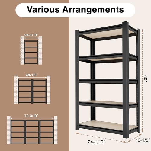 WORKPRO 5-Tier Black Shelving with Board, 24.1”Wx16.2”Dx60”H, 3000LBS Load | Boltless, Adjustable,Waterproof Board, 3000lbs Heavy Duty - color: Black, size: 24-1/10”W x 16-1/5”D x 60”H