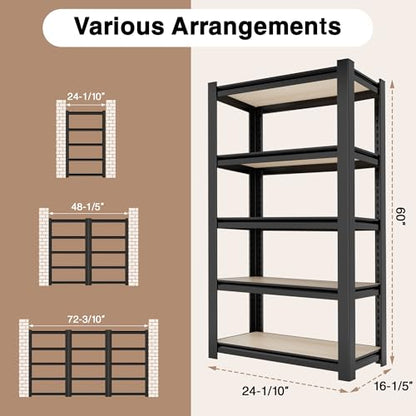 WORKPRO 5-Tier Black Shelving with Board, 24.1”Wx16.2”Dx60”H, 3000LBS Load | Boltless, Adjustable,Waterproof Board, 3000lbs Heavy Duty - color: Black, size: 24-1/10”W x 16-1/5”D x 60”H