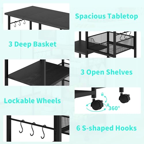 HapiRm Rolling Kitchen Carts with Storage - Microwave Table Stand with 6 Hooks & 3 Baskets, kitchen Island Cart on Lockable Wheels, 28.3" L × 14.6" W Bakers Rack Cart for Dining Room Coffee Bar Office - color: Black