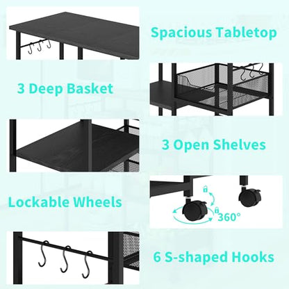 HapiRm Rolling Kitchen Carts with Storage - Microwave Table Stand with 6 Hooks & 3 Baskets, kitchen Island Cart on Lockable Wheels, 28.3" L × 14.6" W Bakers Rack Cart for Dining Room Coffee Bar Office - color: Black
