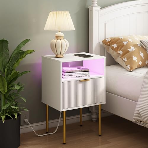 Modern Nightstand with Charging Station and LED Lights, White Bedside Table with Drawer, Fluted Side Table for Living Room, Bedroom - color: White