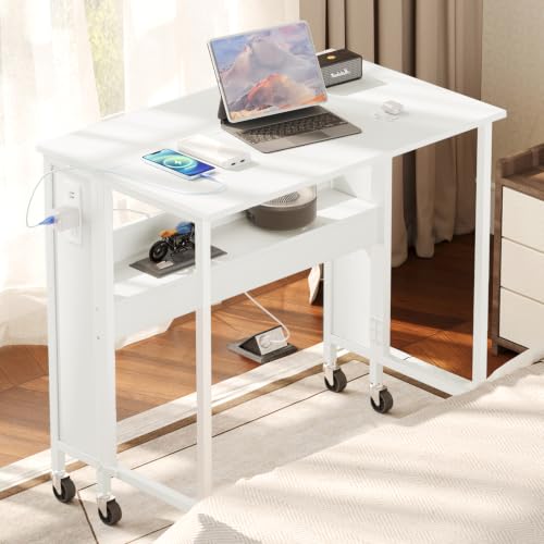 CHOEZON Folding Desk with Power Outlets, 31.5" Rolling Computer Table with Wheels, Portable Office Desk with Storage Shelf for Small Spaces White TDN01UWB - color: White