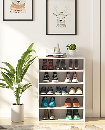 HAIOOU 5 Tier White Shoe Rack with One Movable Storage Shelf, 24 Inches | Stackable Wooden Shoe Organizer Freestanding shoe stand, Holds 10-15 Pairs, Fits Entryways, Closets, Dorms, Apartments