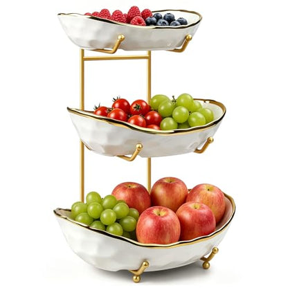 Fruit Bowl for Kitchen Counter - 3 Tier Ceramic Fruit Rack, Fruit Basket for Fresh Fruit&Veggies, Tiered Fruit Platter Serving Trays for Party - color: White-3 Tier