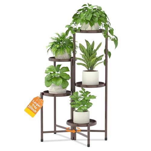 LASZOLA 5 Tier Large Plant Stand Indoor Tall with 10 Inch Metal Tray, Corner Folding Flower Display Rack, Modern Plant Holder Shelf for Outdoor Patio Porch Garden Office Living Room, Bronze - color: Classic Bronze, size: 5 Tier