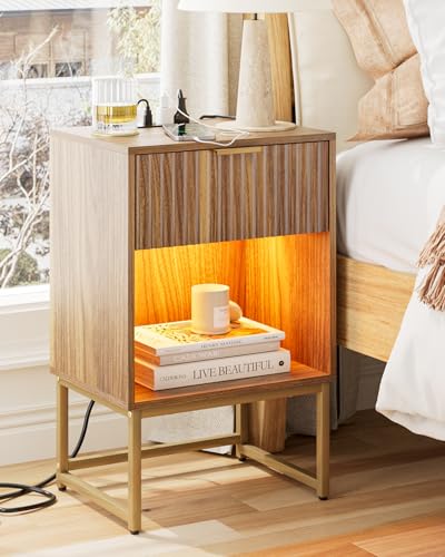Masupu Fluted Nightstand with Charging Station and LED Lights,Modern Night Stand Wood Bedside Table with Storage Drawer Side End Table for Bedroom,Office,Walnut Brown - color: Light-walnut Brown