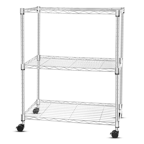 Whitmor 3 Tier Storage Shelving, Heavy Duty with Wheels, Adjustable Steel Organizer, 400 lbs Capacity per Shelf, Max 1200 lbs Total for Garage, Kitchen, Bathroom, 24"L x 14"W x 20"H, Chrome - color: Sliver, size: 3-TIER, 20"L x 14"W x 24"H (With Wheels)