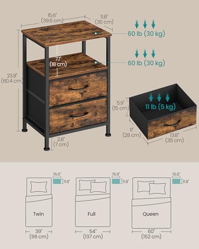 SONGMICS Nightstand, Bed Side Table, End Table with 2 Drawers | 1 Open Shelf, Industrial, Rustic Brown, BELLAH Collection ULGS052K101S - color: Rustic Brown, style: 2 Drawers-1Pc