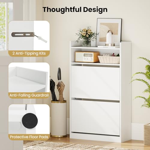Giantex Shoe Cabinet with 2 Flip Drawers, Freestanding Narrow Shoe Organizer Cabinet with 2 Open Shelves, Slim Shoe Storage Cabinet for Entryway, Hallway, Foyer, White