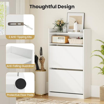 Giantex Shoe Cabinet with 2 Flip Drawers, Freestanding Hidden Shoe Rack Organizer Cabinet with 2 Open Shelves, Slim Shoe Storage Cabinet for Entryway, Hallway, Foyer, White