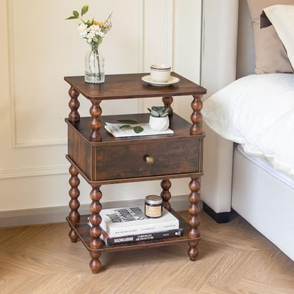AWASEN Night Stand, Bed Side Table Bedroom with Drawer, 3-Tier Small Nightstand End Table with Storage for Small Spaces &Solid Wood Spindle Legs, Rustic Brown - color: Rustic Brown