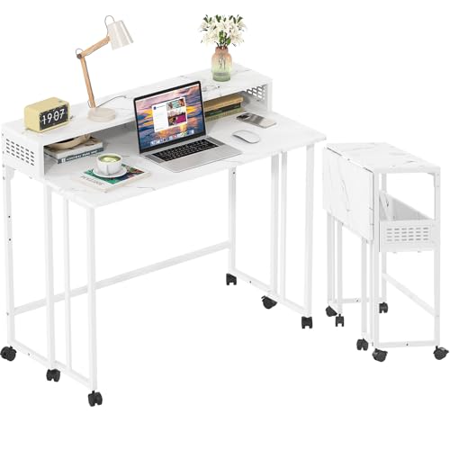 Gezen Folding Desk with Storage Shelf, Mobile Couch Desk Sofa Side Table Bed for Home Office Small Space, White Marble, 31.5 - color: White Marble, size: 31 inches
