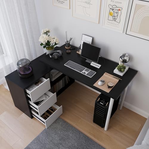Mekminop L Shape Computer Desk with 3 Drawers and 2 Shelves, Home Office Desk Corner Small Desk with Storage Cabinet for Writing Study Executive – Black and White - color: Black+white