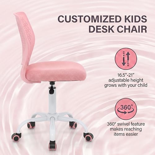 Costzon Kids Desk Chair, Armless Height Adjustable Kids Computer Chair w/Elastic Sponge Filling, Ergonomic Backrest & Stable 5-Point Wheels, Children Rolling Swivel Chair for Studyroom (Pink) - color: Pink