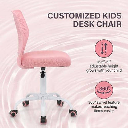 Costzon Kids Desk Chair, Armless Height Adjustable Kids Computer Chair w/Elastic Sponge Filling, Ergonomic Backrest & Stable 5-Point Wheels, Children Rolling Swivel Chair for Studyroom (Pink) - color: Pink