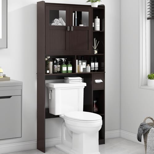 Vabches Over The Toilet Storage Cabinet with Doors and Shelves, Espresso | Freestanding Home Space Save Toilet Rack, with Adjustable Shelves for Restroom, Bathroom, Laundry - color: Espresso, size: W31.69''