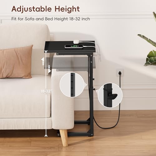 Vagusicc C Shaped End Table with Charging Station, 33"Tall C-Table End Table Adjustable Height Side Table for Couch, Couch Table That Slide Under Sofa Table TV Tray Table for Living Room,Bedroom,Black - color: Black, style: Charging Station
