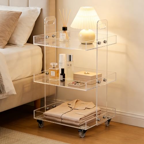3-Tier Acrylic Utility Rolling Cart,Clear Multifunction Storage Organizer on Wheels Mobile Trolly Side Table for Home Kitchen Bathroom Living Room,Narrow Space Snack Cart