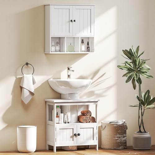 kleankin Pedestal Sink Storage Cabinet, Bathroom Under Sink Cabinet with 2 Doors and Open Shelf, Bathroom Vanity, White - color: White