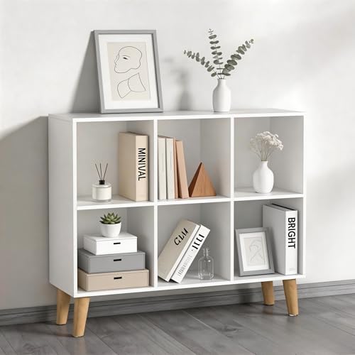 6 Wooden Cube Storage Organizer with Legs,Two Tier Horizontal Cube Bookcase Freestanding Storage Organizer Open Shelf Short Bookshelf for Bedroom, Living Room, Home Office (6 Cube,White) - color: White, size: 6 Cube-Horizontal
