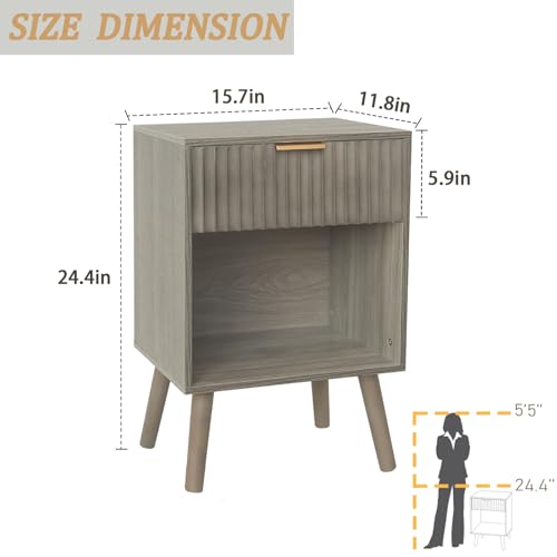 Fultyle Mid Century Modern Nightstand, Wood Bedside Table with Drawer and Open Storage, End Table Living Room Fluted Night Stand with Solid Wood Legs for Bedroom (Grey) - color: Grey