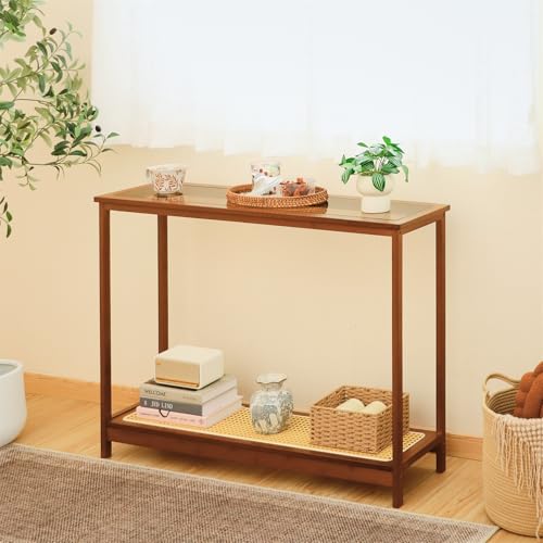 Bamboo Narrow Console Table, 39.4"(L) Wood Small Entryway Table with Rattan and Glass, Accent Slim Hallway Tables, Thin Sofa Side Tables for Hallway, Living Room, Bedroom, Foyer, Walnut - color: Walnut 39.4"(l)