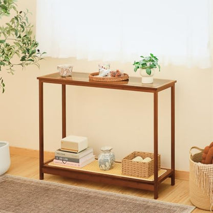 Bamboo Narrow Console Table, 39.4"(L) Wood Small Entryway Table with Rattan and Glass, Accent Slim Hallway Tables, Thin Sofa Side Tables for Hallway, Living Room, Bedroom, Foyer, Walnut - color: Walnut 39.4"(l)