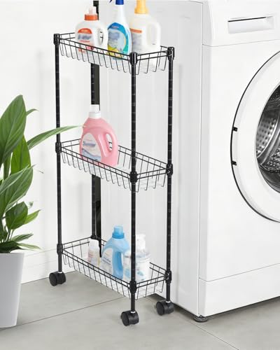 4-Tier Slim Rolling Storage Cart, 5.91" Wide Narrow Metal Utility Cart on Wheels, Multi-Functional Adjustable Shelving Unit with Anti-Fall Pads for Kitchen Gap, Bathroom, Laundry Room, Black - size: 3-tier