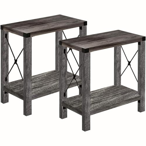 GAZHOME Farmhouse End Table for Small Spaces, Set of 2,Narrow Side End Table with Storage Shelf, Rustic X-Design Nightstand Sofa Table for Living Room, Bedroom Gray - color: Grey