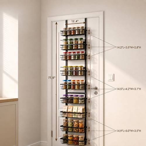 9-Tier Over The Door Pantry Organizer – Spice Rack with Side Hooks, Hanging Storage Basket for Back of Door, Home & Kitchen Essentials for Laundry Room & Bathroom Organization – Black