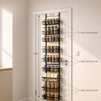 9-Tier Over The Door Pantry Organizer – Spice Rack with Side Hooks, Hanging Storage Basket for Back of Door, Home & Kitchen Essentials for Laundry Room & Bathroom Organization – Black
