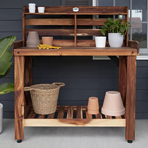 Backyard Discovery 47" Acacia Wood Garden Potting Bench & Serving Bar with Lower Storage Shelf, Leveling Feet, All-Weather Farmhouse Design for Patio, Deck, Porch, Kitchen, Dining Room - style: With Decorative Shelves