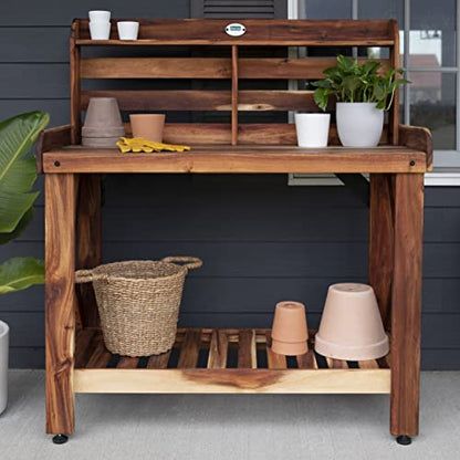 Backyard Discovery 47" Acacia Wood Garden Potting Bench & Serving Bar with Lower Storage Shelf, Leveling Feet, All-Weather Farmhouse Design for Patio, Deck, Porch, Kitchen, Dining Room - style: With Decorative Shelves