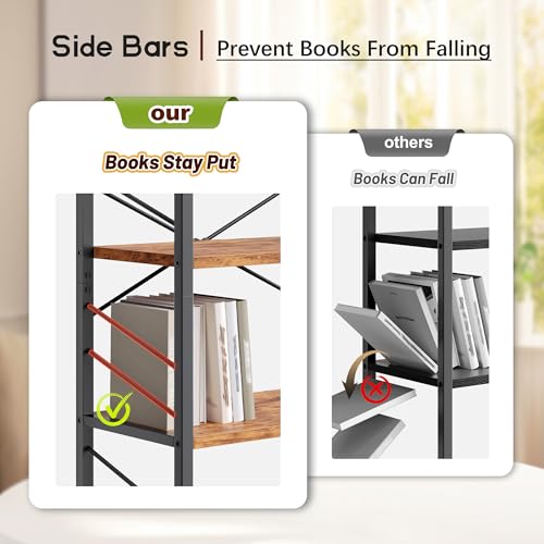 DurayLoly 2 Pieces 5 Tier Bookshelf for Narrow Space, Rustic Brown | Small Space Dwellers , Sidebars and Metal Frame - color: Rustic Brown, size: 5 Tier - 2 pcs