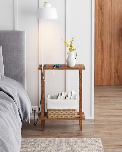 TUTOTAK Small End Table with Charging Station, Narrow Side Table with USB Ports and Outlets, Skinny Sofa Table, Slim Nightstand, Living Room, Bed Room, Pure Brown TB01BB060C - color: Pure Brown, size: 2-tier