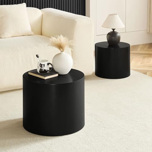 Round Coffee Table Set of 2, Nesting Coffee Table and End Table Set Wood Small Circle Drum Side Table for Living Room Office, No Assembly - color: Black