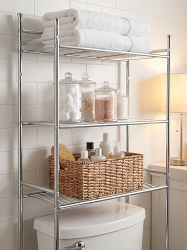 Honey-Can-Do 3-Tier Metal Bathroom Shelf Space Saver, Over The Toilet Storage Rack Organizer, Adjustable Chrome Wire Shelving Unit for Towels & Toiletries, 9.5 x 23 x 60 in - style: 3-Tier Bathroom Tower Shelf