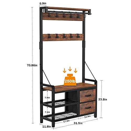Lulive Hall Tree with Bench and Shoe Storage, 31.5” Coat Rack Freestanding | Rustic Brown, 5 in 1 Intelligent Design, 17 Hooks, 2 Drawers, Handy Clothes Rail - color: Rustic Brown, size: 11.8"D x 31.5"W x 70.9"H