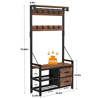 Lulive Hall Tree with Bench and Shoe Storage, 31.5” Coat Rack Freestanding | Rustic Brown, 5 in 1 Intelligent Design, 17 Hooks, 2 Drawers, Handy Clothes Rail - color: Rustic Brown, size: 11.8"D x 31.5"W x 70.9"H