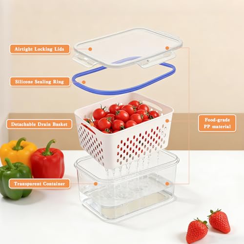 4 in 1 Food Storage Containers for Fridge, Produce Keeper with Removable Colander & Drain Basket, Airtight Leakproof Fruit Vegetable Storage Containers Transparent Kitchen Organizer (3PC S+M+L)