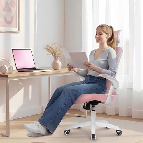 NEO CHAIR Ergonomic Office Desk Chair High Back Computer Gaming Mesh Chair with Comfy Task Adjustable Arms Lumbar Support Headrest Swivel for Home Office (Pink) - color: Pink