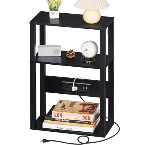 YUFAM 3-Tier Small Narrow Wood Side Table with Charging Station, Skinny Nightstand for Small Space, Slim Bedside Table with Storage for Couch, Thin End Table with USB Ports and Outlets, Black - color: Black, size: 1 Pack