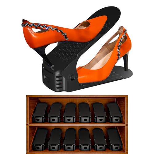 Shoe Slots Organizer, 12PCS Adjustable Double Layer Stack Shoe Rack, 50% Space-Saving Storage Rack Holder, Black | Save shoe cabinet space, Anti-slip, Easy to clean, Four level height, for slippers, sports shoes, sneakers, heels - color: Black, size: 12PC