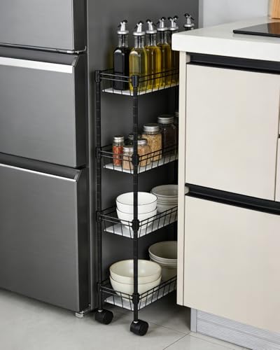 4-Tier Slim Rolling Storage Cart, 5.91" Wide Narrow Metal Utility Cart on Wheels, Multi-Functional Adjustable Shelving Unit with Anti-Fall Pads for Kitchen Gap, Bathroom, Laundry Room, Black - size: 4-tier