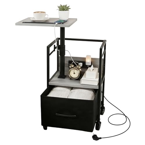 Small Bedside Table with Charging Station, Rolling Side Table with Wheels, Small Nightstand with Drawer Storage for Bedroom - Grey Walnut Look - color: Gray Walnut