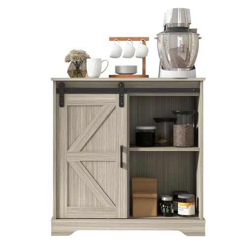 Panana Sliding Barn Door Buffet Sideboard Storage Cabinet Coffee Bar Kitchen Farmhouse Style (Oak) - color: Oak