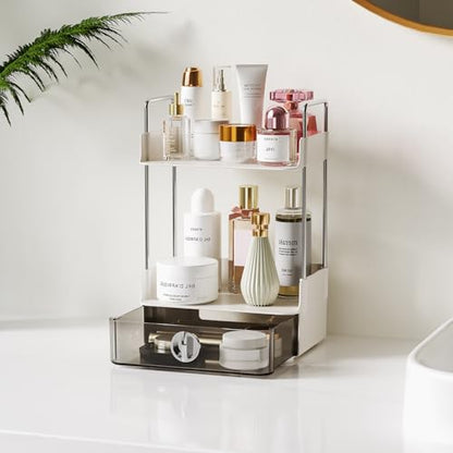 Small Vanity Organizer for Dresser & Countertop - Dorm & Home Office Makeup Storage (7.8"x5.9") with Metal Support, 2-Tier Design with Drawer for Skincare, Perfume, College & Apartment